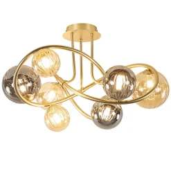 Art Deco plafondlamp goud met smoke en amber glas