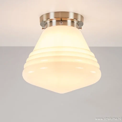 Art Deco plafondlamp staal met wit gl.