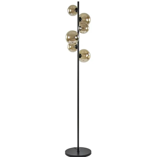 Art Deco vloerlamp zwart met amber glazen bollen