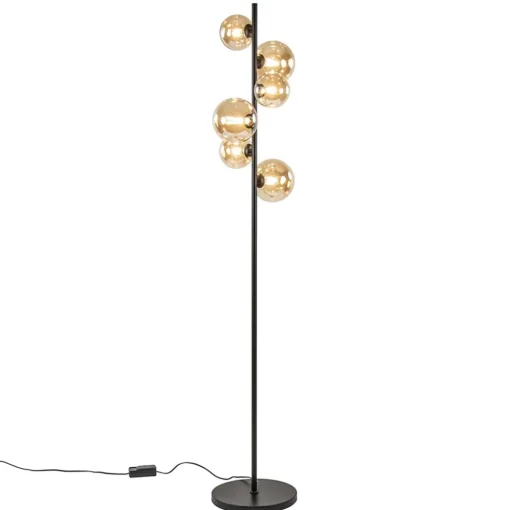 Art Deco vloerlamp zwart met amber glazen bollen