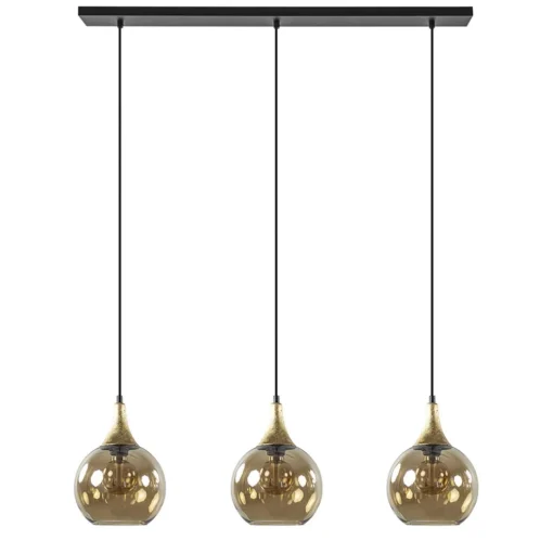 Chique 3-lichts hanglamp zwart/goud met amber glas