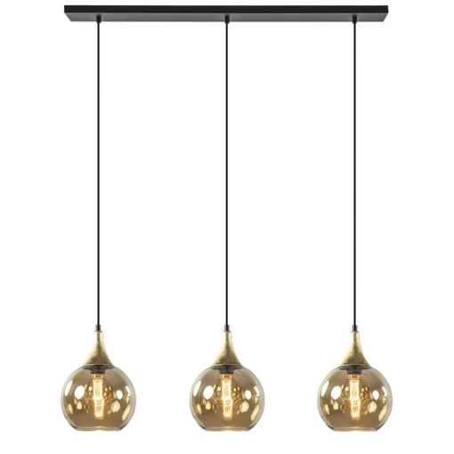 Chique 3-lichts hanglamp zwart/goud met amber glas