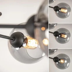 Chique 5-lichts plafondlamp zwart met smoke glazen bollen
