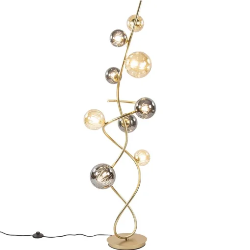 Chique vloerlamp goud met smoke en amber glazen bollen