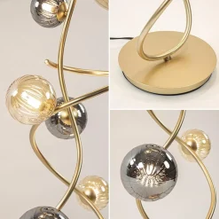 Chique vloerlamp goud met smoke en amber glazen bollen