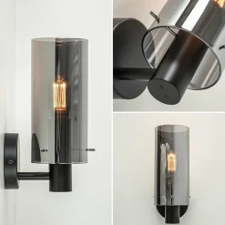 Chique wandlamp zwart met smoke glas cilinder
