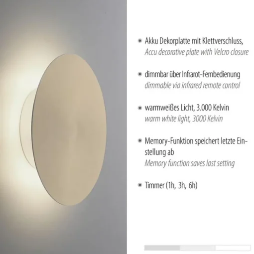 Dimbare LED wandlamp op accu goud