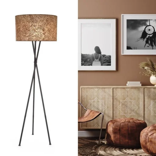 Driepoot schelpen vloerlamp zwart met bruin en goud