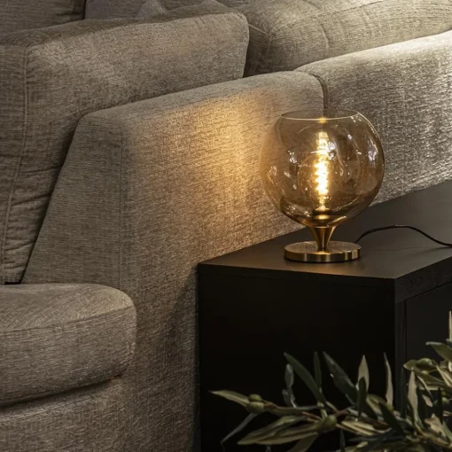 Elegante tafellamp donker goud met amber glazen bol 25 cm
