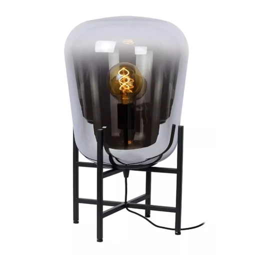 Elegante tafellamp zwart frame met smoke glazen kap