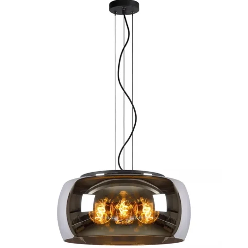 Grote hanglamp zwart met smoke glazen kap