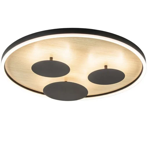 Grote LED plafondlamp zwart met houtlook dimbaar