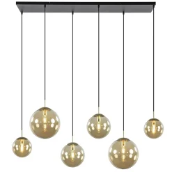 Grote 6-lichts eettafelhanglamp messing met amber glazen bollen