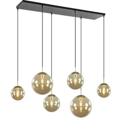 Grote 6-lichts eettafelhanglamp messing met amber glazen bollen