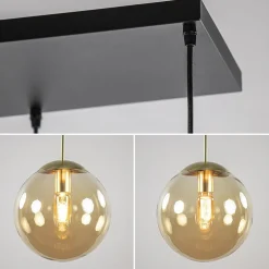 Grote 6-lichts eettafelhanglamp messing met amber glazen bollen