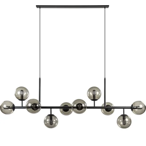 Grote 10-lichts hanglamp mat zwart met smoke glazen bollen