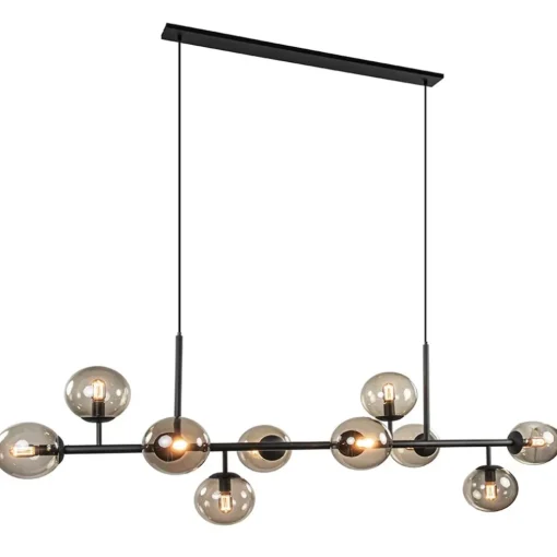 Grote 10-lichts hanglamp mat zwart met smoke glazen bollen