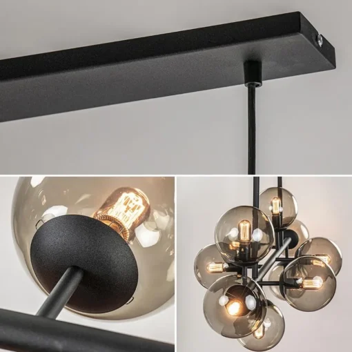 Grote 10-lichts hanglamp mat zwart met smoke glazen bollen