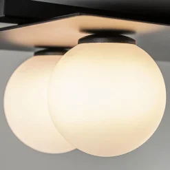 Grote plafondlamp rechthoekig zwart met witte bollen