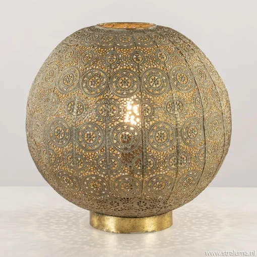 Grote tafellamp antiek messing met decoratief dessin
