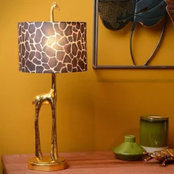 Grote tafellamp Giraf goud met bruine kap