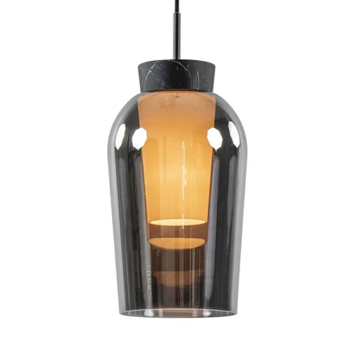 Hanglamp 1 lichts zwart/marmer met smoke glas