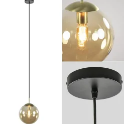 Hanglamp amber glazen bol 25 cm met messing