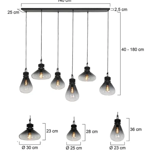 Hanglamp Flere 6L zwart smoke/clear glas