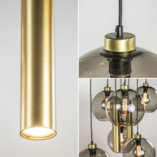 Hanglamp Globe 8L 6x glas/2xbuis goud