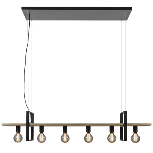 Hanglamp 6L zwart met houten planken