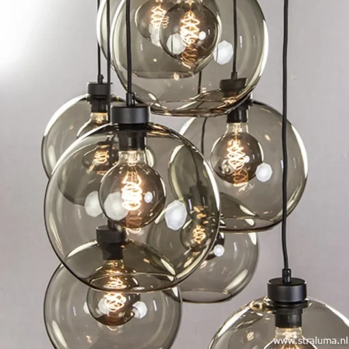 Hanglamp plaat 8-L zwart glas smoke 25cm