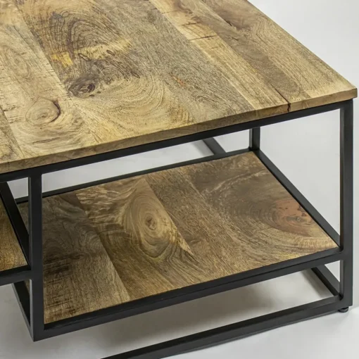 Hoektafel mangohout met zwart frame 70x70x40 cm