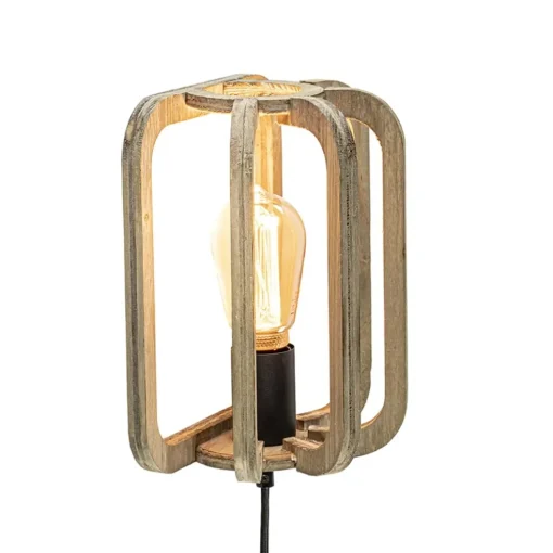 Houten wandlamp met zwarte fitting en snoer