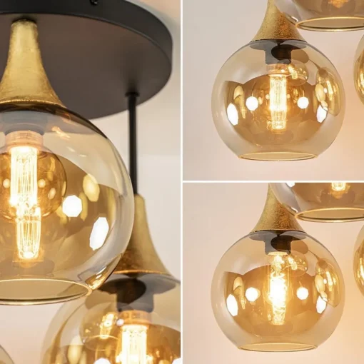 Klassieke plafondlamp zwart/goud met amber glas