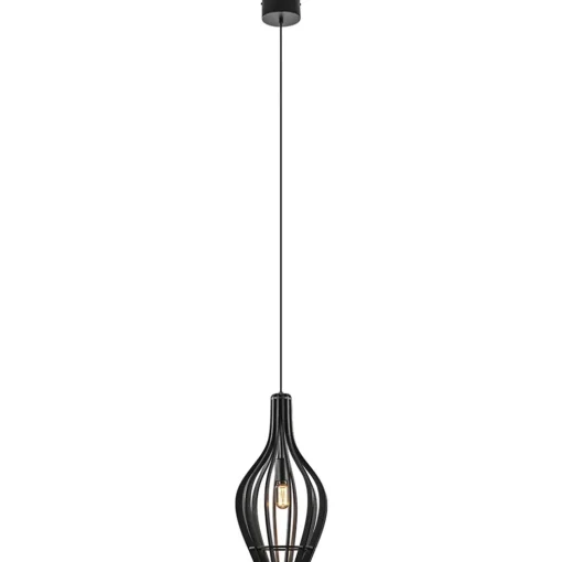 Kleine hanglamp kegel houten lamellen zwart