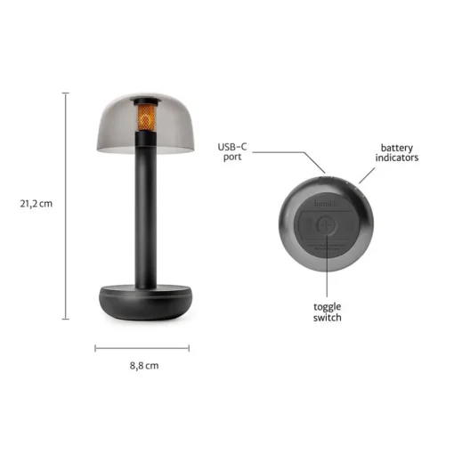 Kleine LED tafellamp oplaadbaar mat zwart met smoke glas