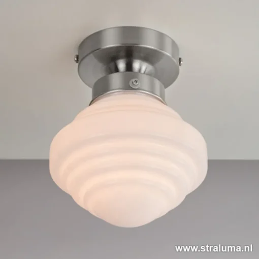 Kleine plafonnière staal met wit glas