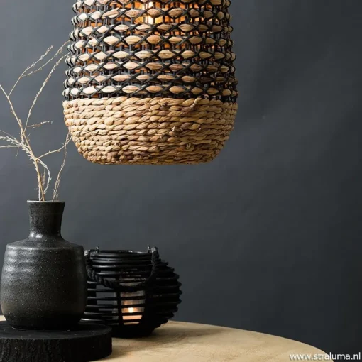 Landelijke hanglamp Tripoli rotan met zwart