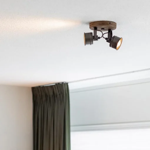 Landelijke 2-lichts opbouwspot gun metal met hout