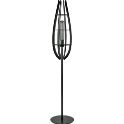 Landelijke vloerlamp mat zwart met houten kap