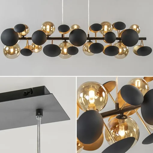 Langwerpige hanglamp grijs/goud + amber glas