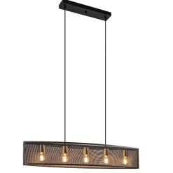 Langwerpige hanglamp mat zwart metaal met goud