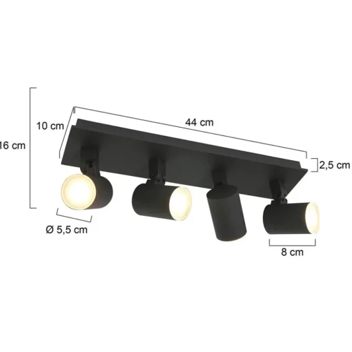 Langwerpige LED opbouwspot zwart 4-lichts