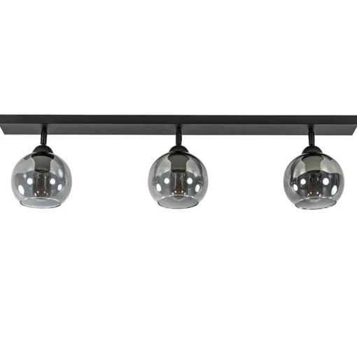 Langwerpige plafondlamp mat zwart met smoke glazen bollen