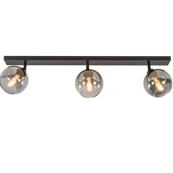 Langwerpige plafondlamp mat zwart met smoke glazen bollen