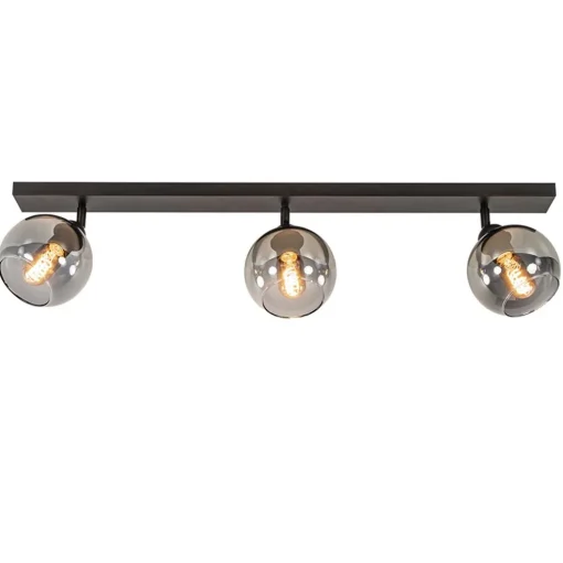 Langwerpige plafondlamp mat zwart met smoke glazen bollen