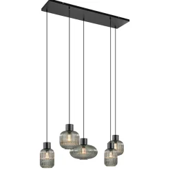 5-Lichts eettafelhanglamp geribbeld smoke glas met zwart