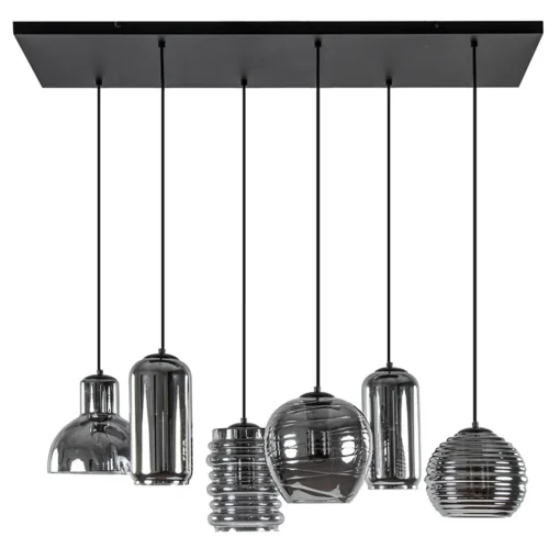 6-Lichts eettafelhanglamp met smoke/titanium glas