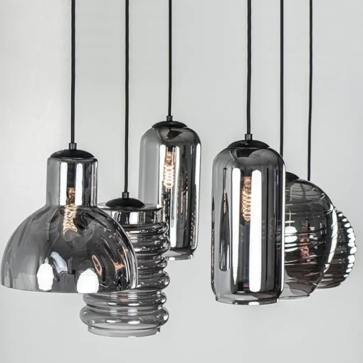 6-Lichts eettafelhanglamp met smoke/titanium glas
