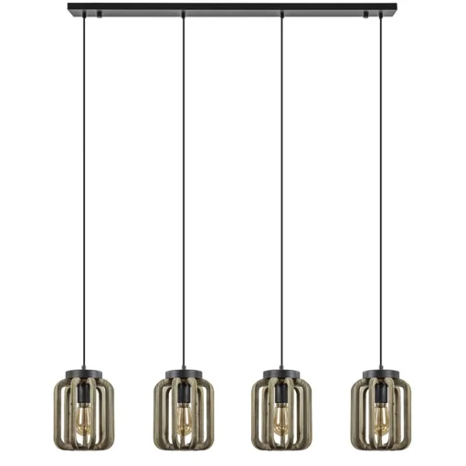 4-Lichts eettafelhanglamp mat zwart met ruw hout